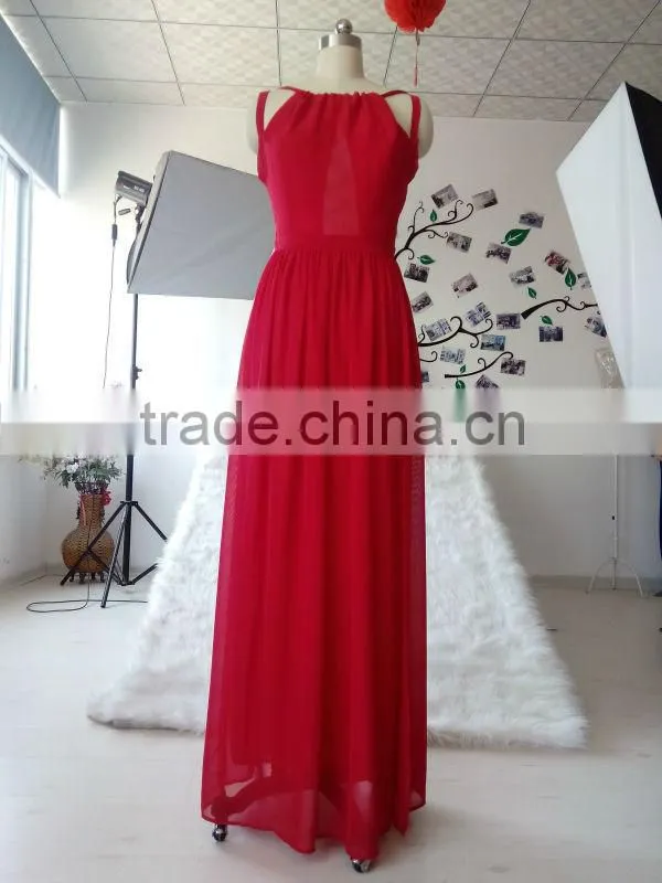 The most popular design red color floor length sleeveless long beautiful chiffon evening dress