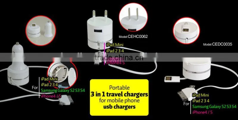USB Car Charger Adapter + 3 in 1 Cable For Cellphone Samsung HTC