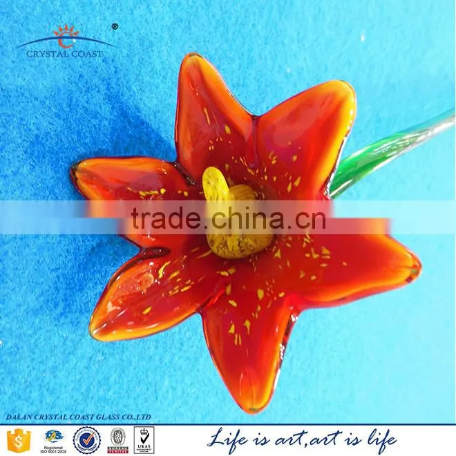 Hand Made Murano Glass BRIGHT RED WHITE Colored Flower with twisted/long stem