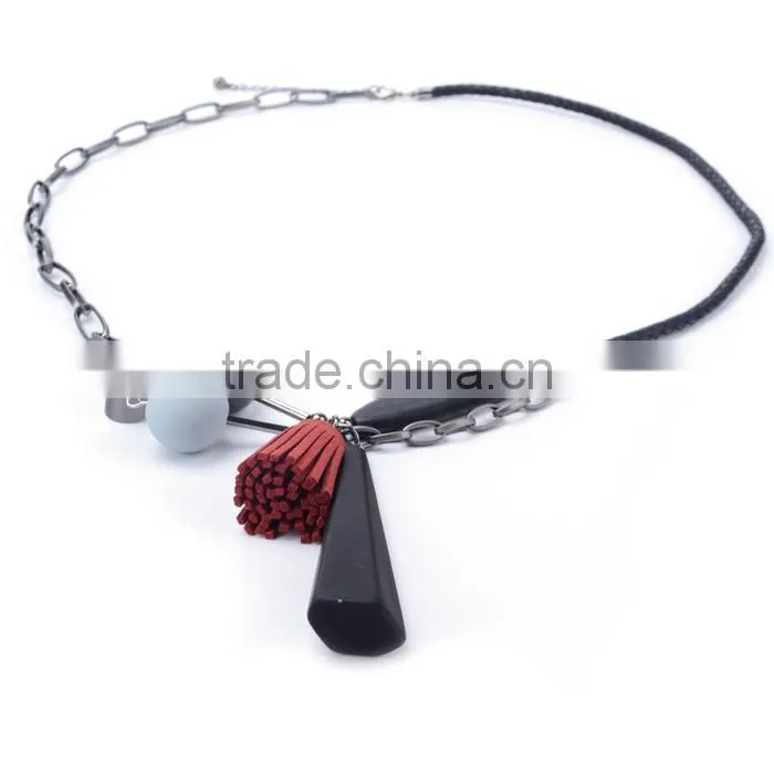 geometric wood bead rubber strip pendant necklace velvet leather tassel necklace chain linked suede leather necklace