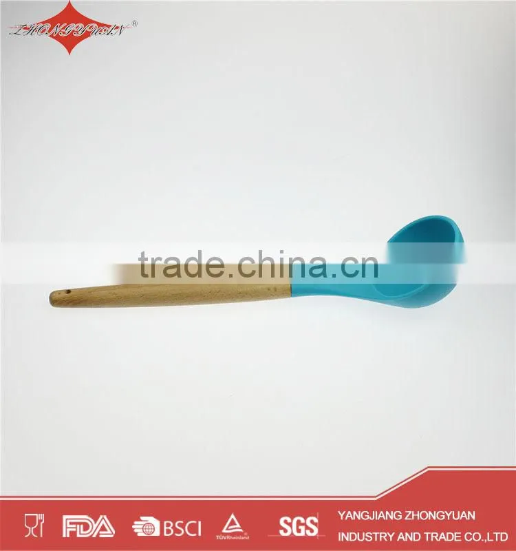 Best selling silicone kitchen utensil soup ladle with wooden handle