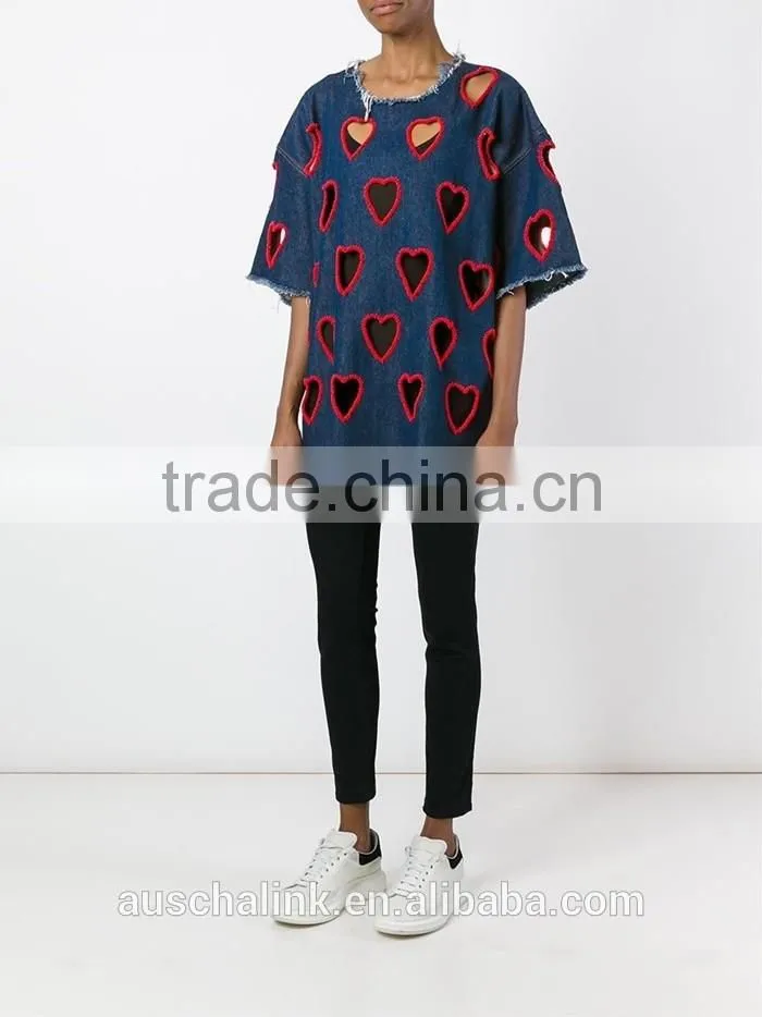 100% cotton lady denim fashionable t-shirt cutting patterns