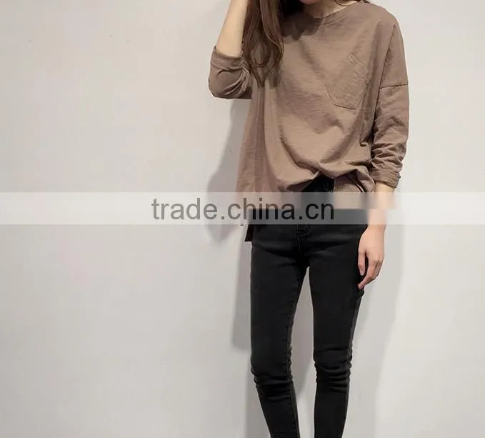 2016 new fashion long sleeve casual women t-shirt with pocket wholesale