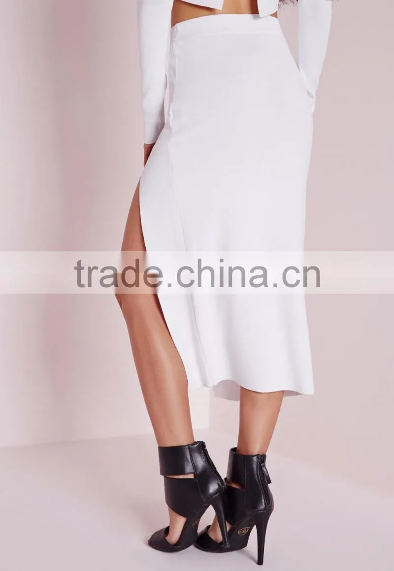 Women latest skirt design pictures sexy high split midi skirt white 2015