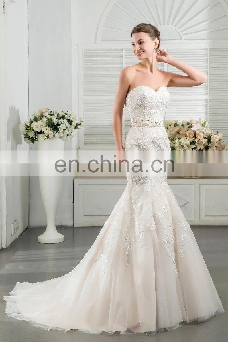 Latest design white french lace fabric Charming sash Lace Appliqued and Beaded Bridal Wedding Gowns