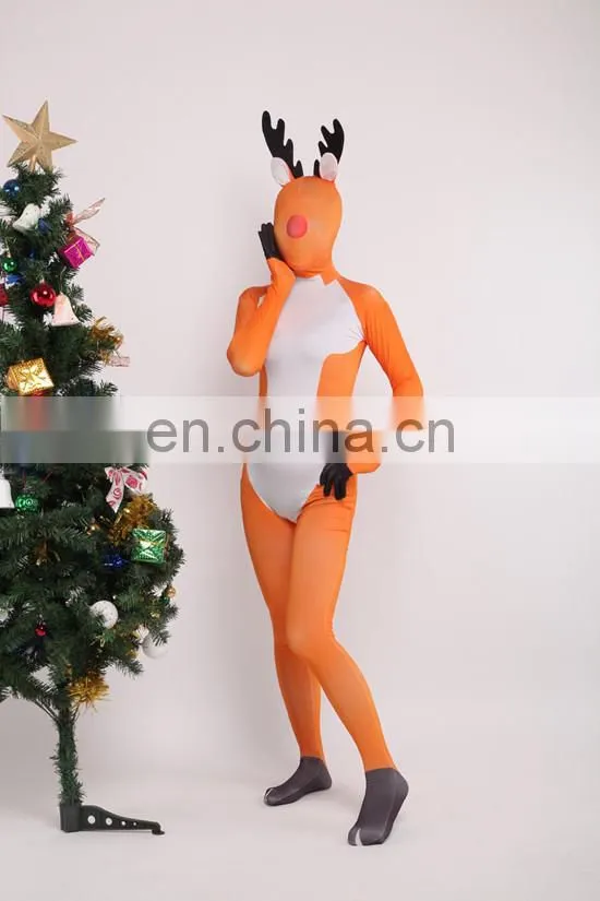 Christmas Day Santa Deer Full Body Spandex Lycra Cosplay Costume Orange