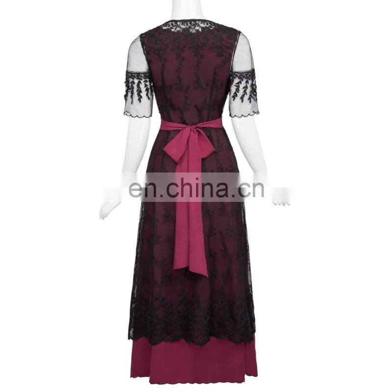 Belle Poque Sexy Women's Retro Vintage Half Sleeve V-Neck Lace Victorian Style Dress BP000247-2