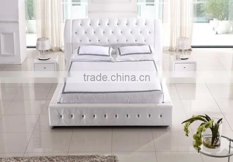 modern leather bed with crystal buttons