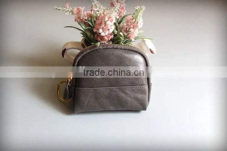 Colorful Genuine Waxy Leather Ladies Zipper Coin Purse Change Bag with keyring