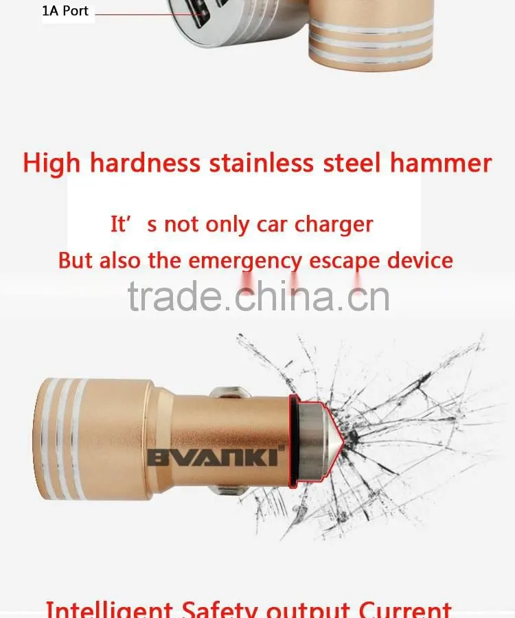 New 3.1A Quick Charge 2.0 Travel Car charger for Travel in-Car use/ Stainless Steel Safety Hammer QC 2.0 Dual USB Car Charger