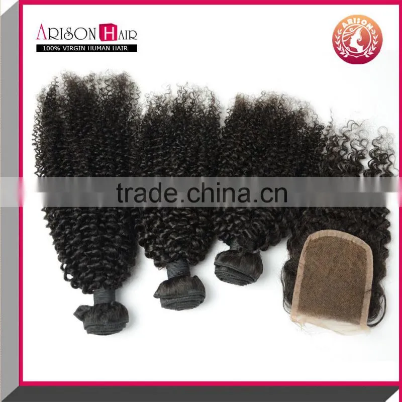 Top grade 100% brazilian cheap human hair kinky curly lace closure with hair bundles