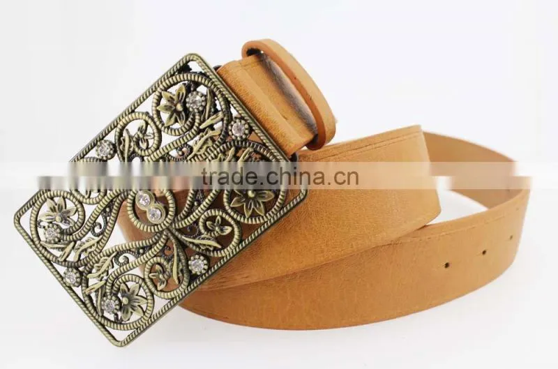 Hot sale Vintage Style women's fashion PU brand belt with shiny rhinestone square shape buckle