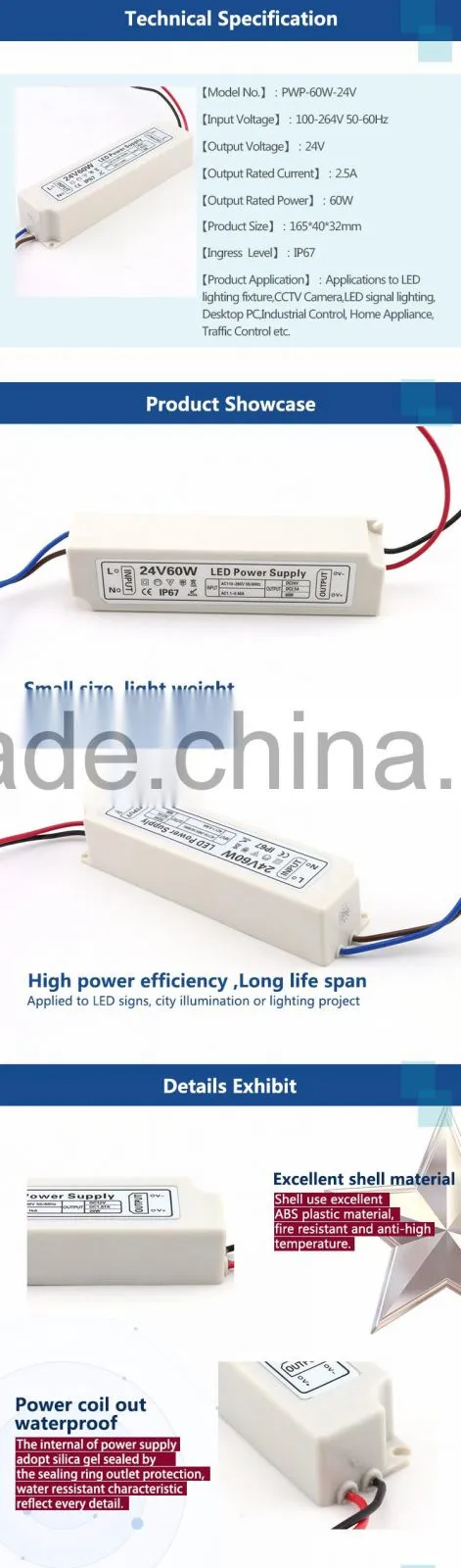 60w 24v military power supply plastic shell with factory price waterproof LED Driver