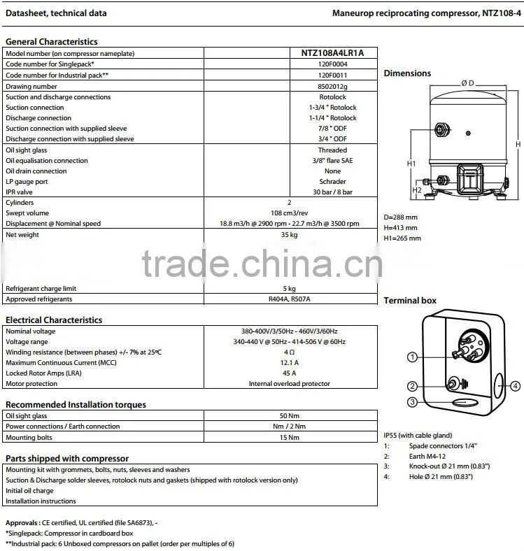 NTZ108 New Maneurop Hermetic Reciprocating Refrigeration Compressor