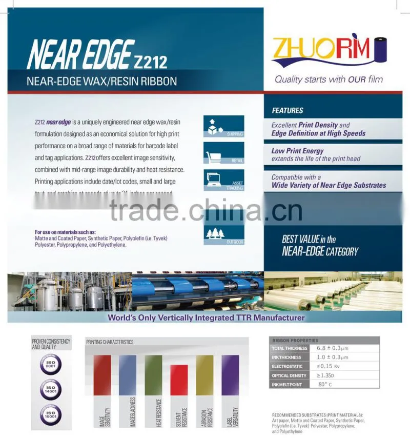 Wax/resin near edge ribbon for markem, videojet over-printer