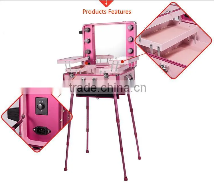 Sunrise Upgrade Super Quality Trolley Aluminum Makeup Case With Lights Mirror for 2016 Beauty & Cosmetic Import-Export Expo