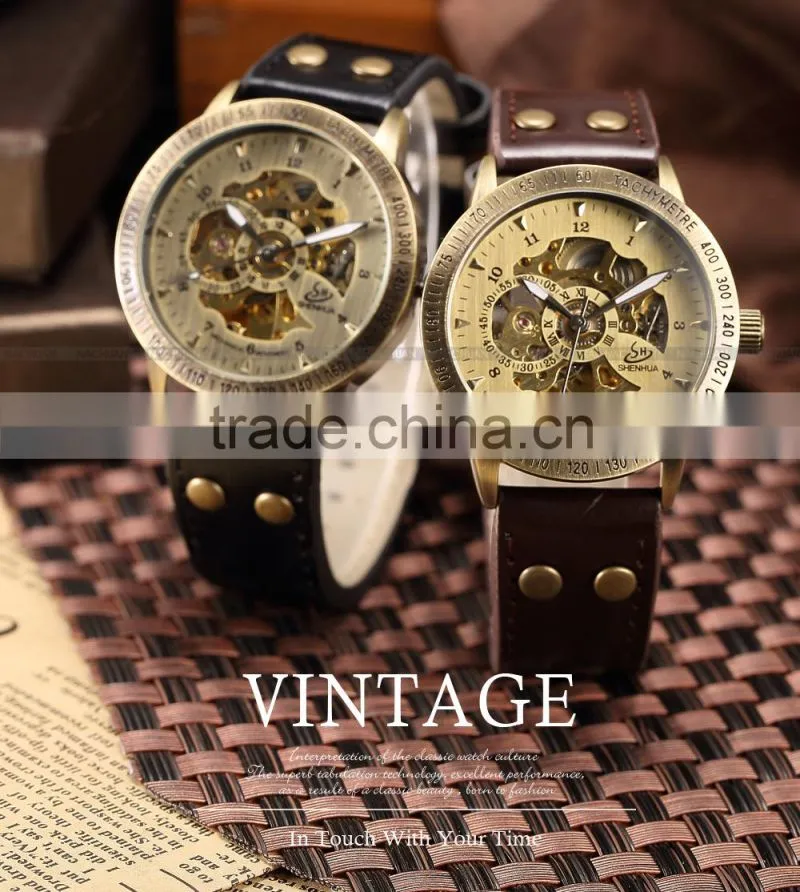 Mens Vintage Bronze Skeleton Analog Auto Sport Mechanical Watch