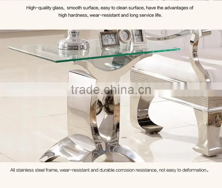 D346 Small Glass Coffee Side Table Stainless Steel End Table