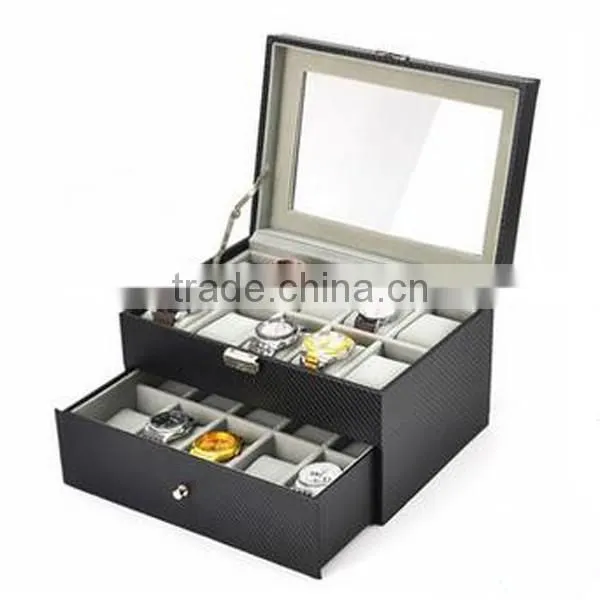 High Quality 20 Slot PU Leather Display Box For Watch, High Capacity Carbon Fiber Stripe Package Box For Watch