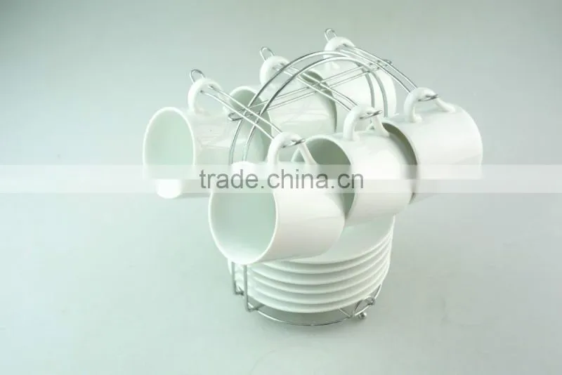 stock wholesale porcelain coffee tea set tableware six cup and saucer with metal stand