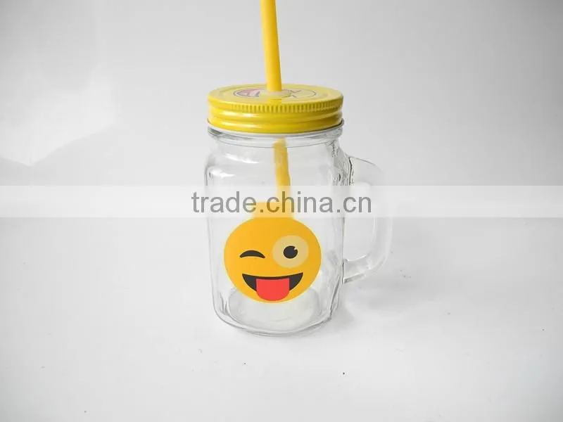 cute emoji smile face decal glass beverage handle mug with yellow lid