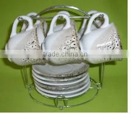 Set of 6 ceramic coffee mug and saucer with rack