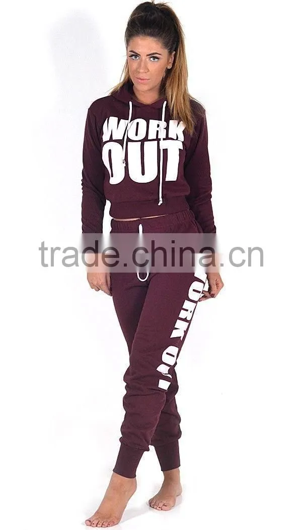 NEW LADIES WORK OUT SLOGAN TRACKSUIT CROP HOODIE JOGGERS SET GYM SUIT