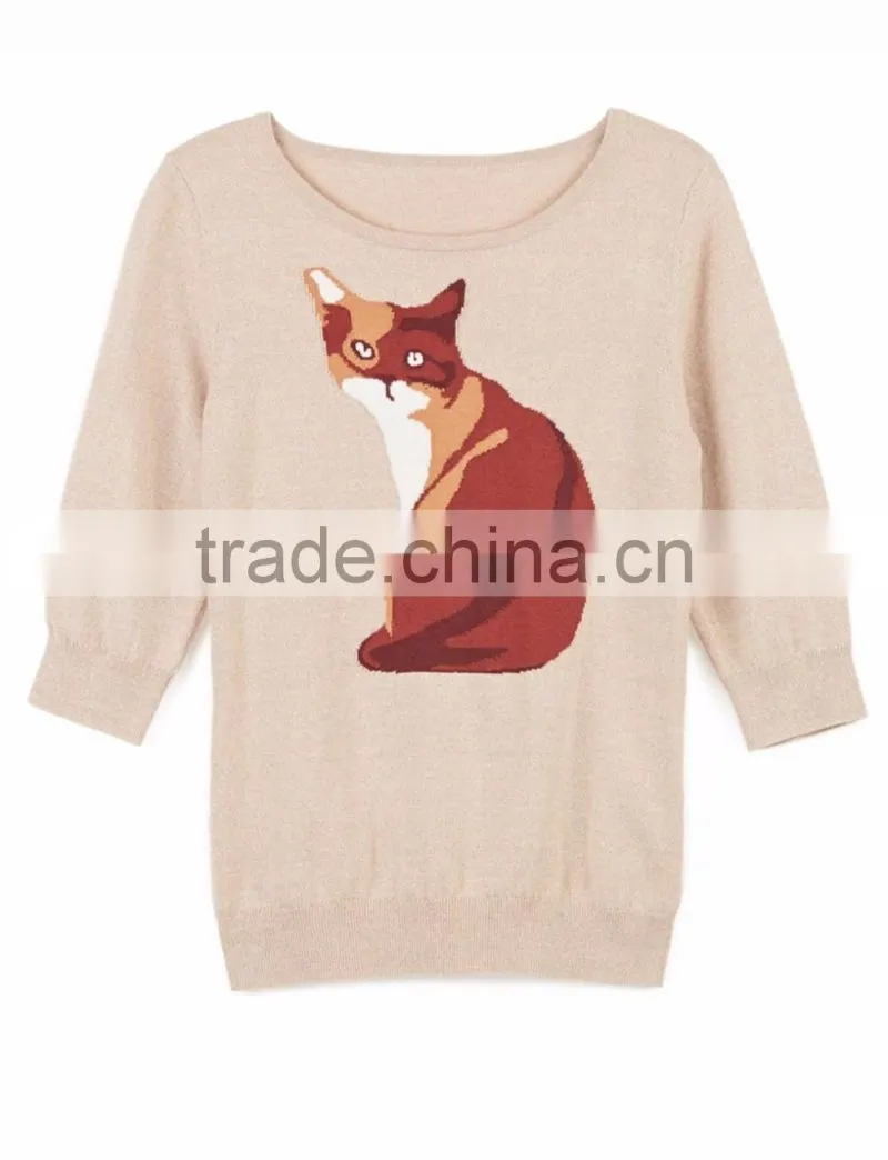 100% Cotton Knitted With Pattern Pullover Ladies Sweater