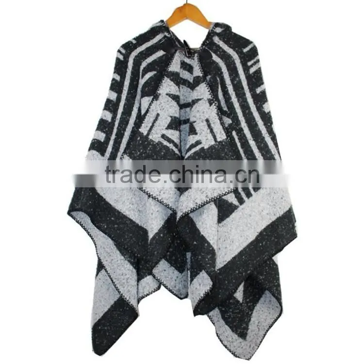 2016 new design fashion autumn winter acrylic bohemian poncho shawls with hooded for women