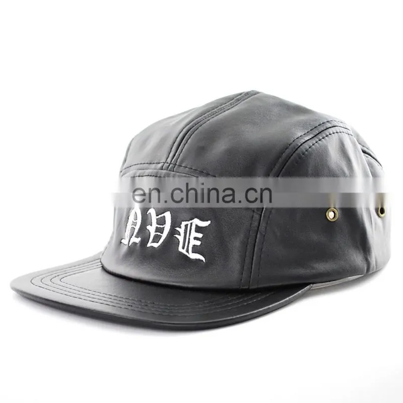 Black 5 panel hat with printing flat brim