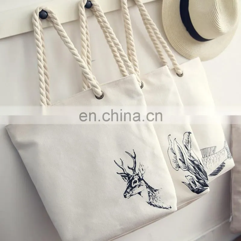 Shopping Cotton Canvas Women Animal Prints Tote Handbag with Zipper