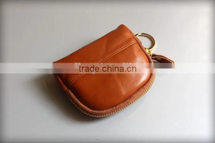 Colorful Genuine Waxy Leather Ladies Zipper Coin Purse Change Bag with keyring