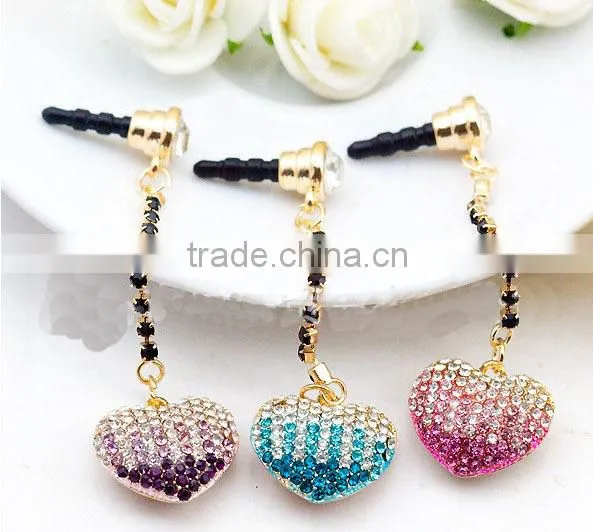 2013 bling heart dust plugs, colorful dust plugs for mobile phones