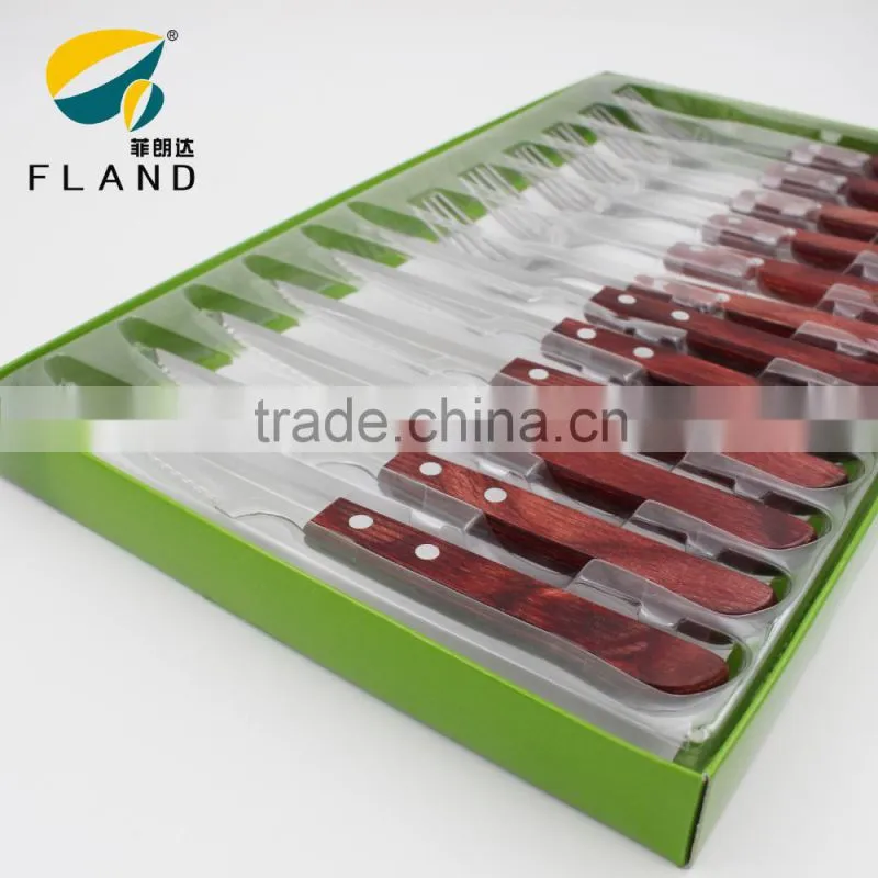 stainless steel cutlery12pcs rose wood handle metal steak knife and fork set