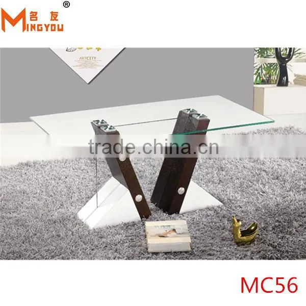 glass top wood base coffee table from china