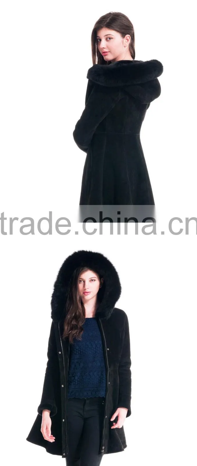 2015 Winter Women Medium Length Slim Fit Coat With Blue fox Hat Wish Skirt Overcoat