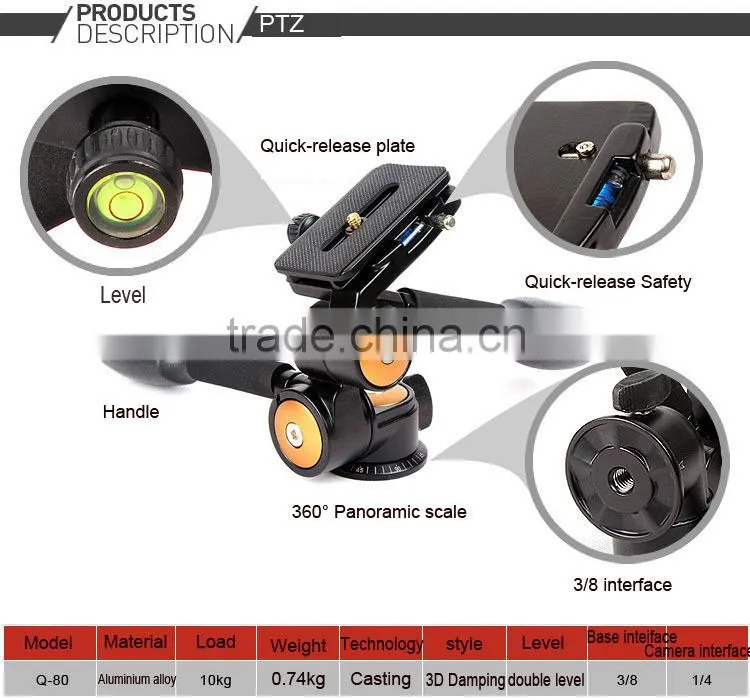 Aluminum Q80 3D Damping Tripod Head PTZ With Quick Release Plate