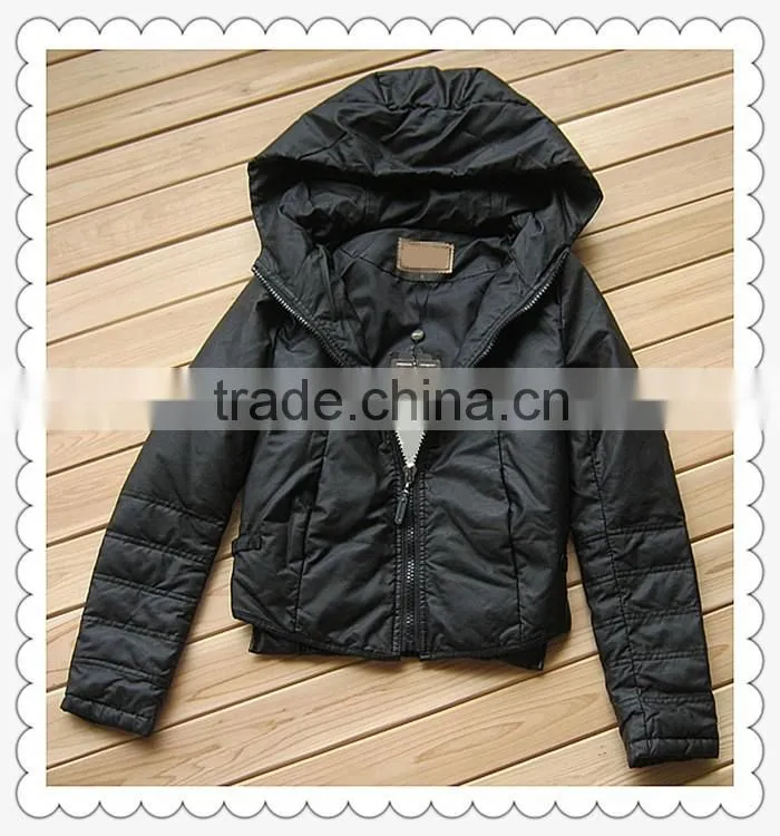Women black short fashion motorcycle PU leather jacket with hoody