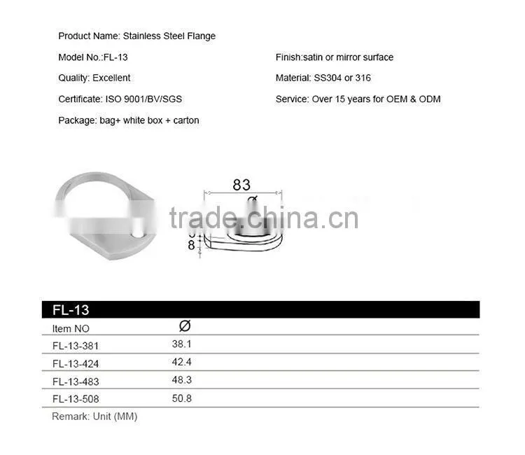 Factory Price Customize Iso9001/Bv/Sgs Stainless Steel Flat Bar Wall Flange