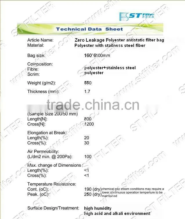 Zero leakage Polyester stainless steel antistatic filter bag