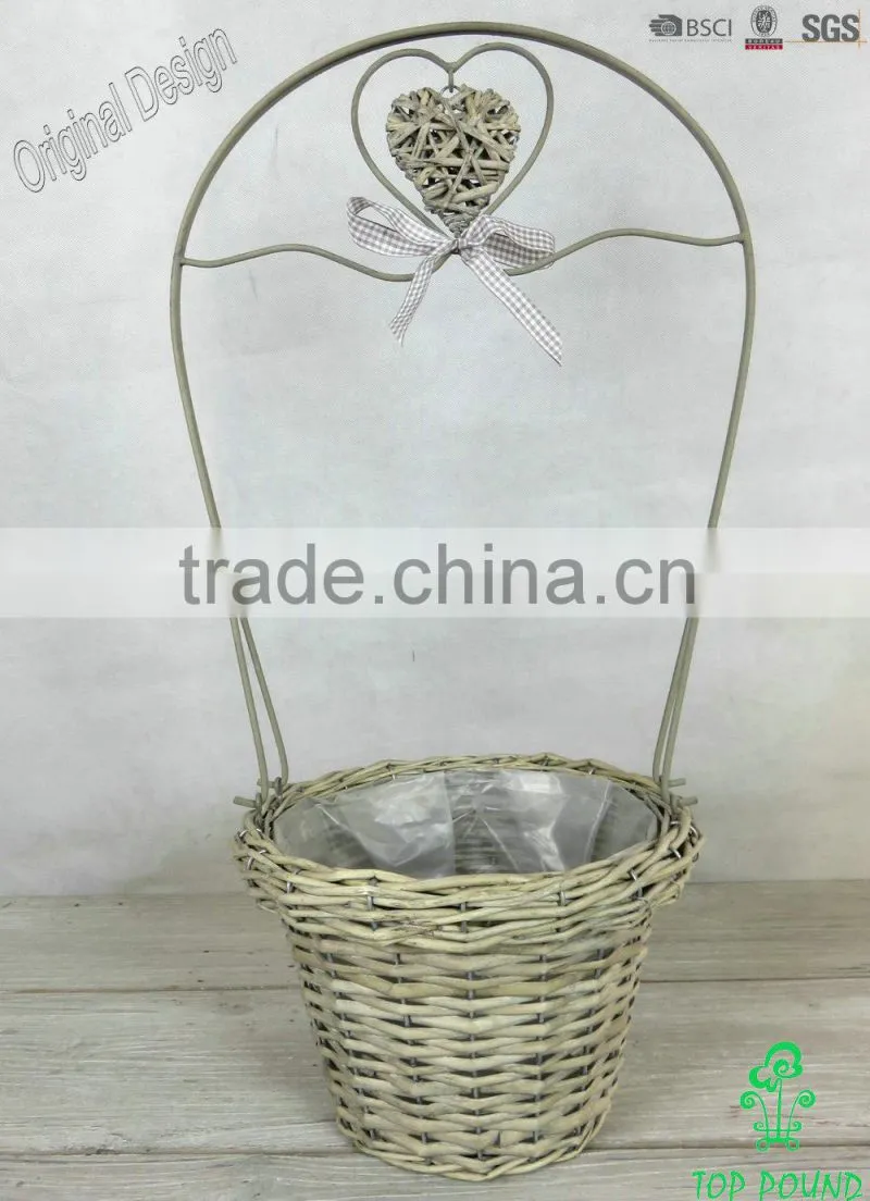 Decorative wicker heart basket with KD metal handle and ribbon