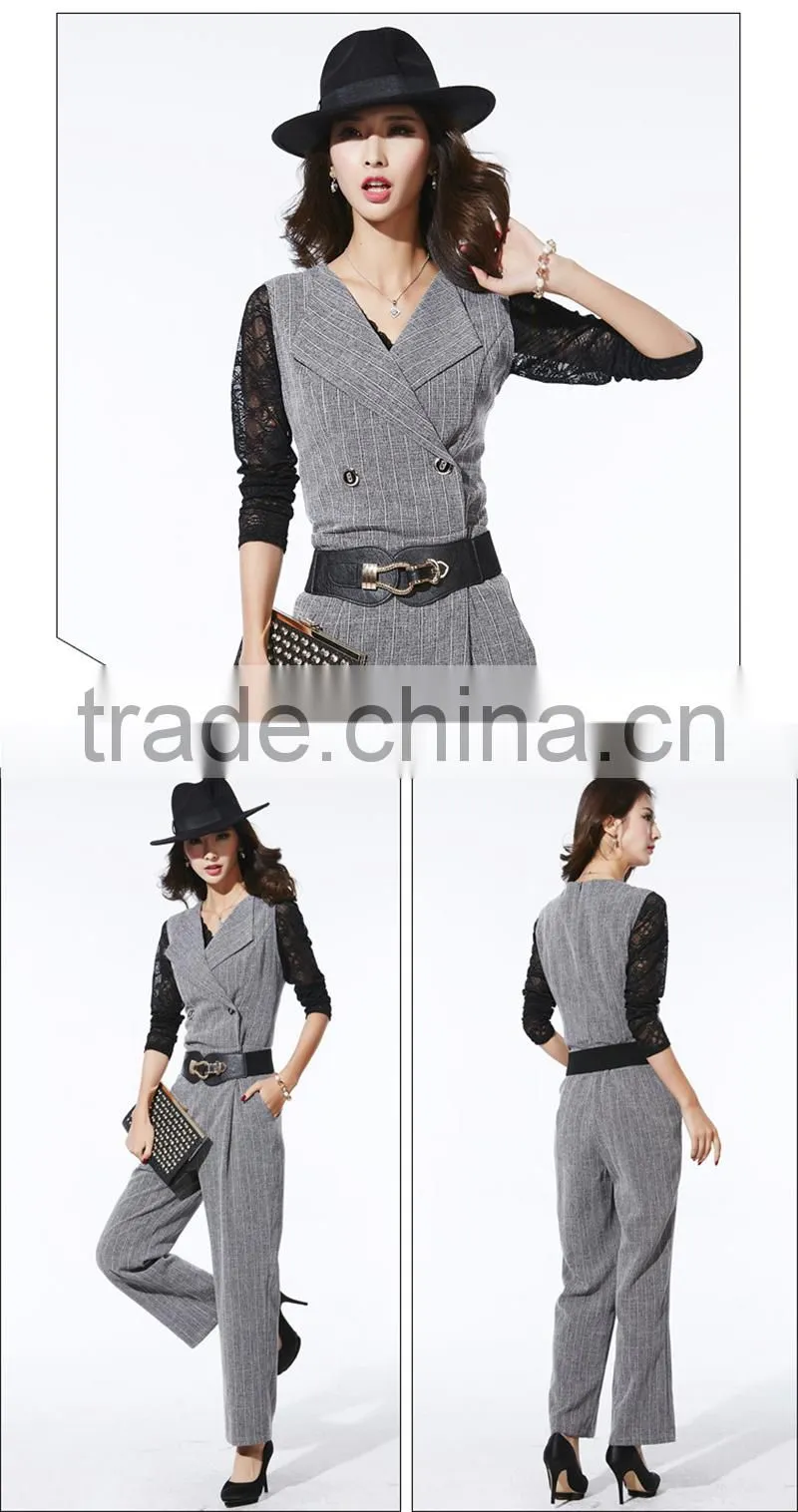 OEM 2015 Winter Lastest Design New High Waist Playsuits with Belt Fashion OL Long Romper Sleeveless Women Jumpsuits