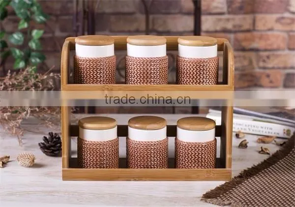 Yellow Flower Decal Ceramic 6 PCs Kitchen Spice Canisters with Wooden Stand