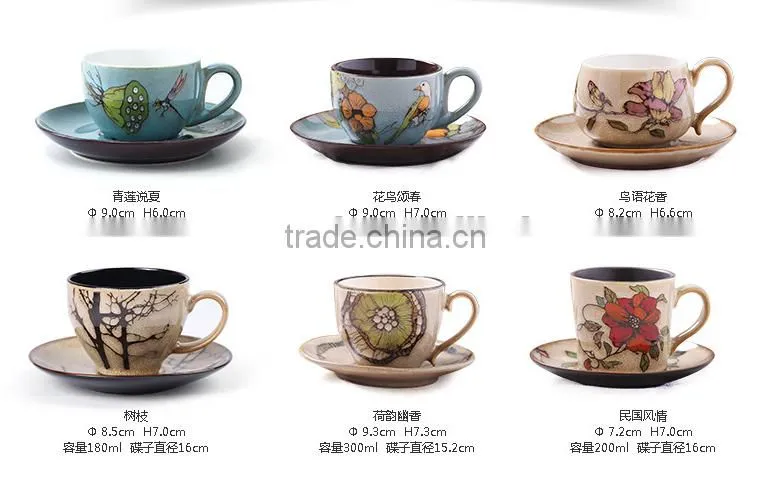 Jingdezhen hand drawing Latte machiatto coffee cup with plate and spoon