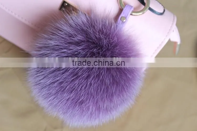 Fluffy Lovely Round 12cm Dyed Fox Fur Pompom with Keychain for Bags