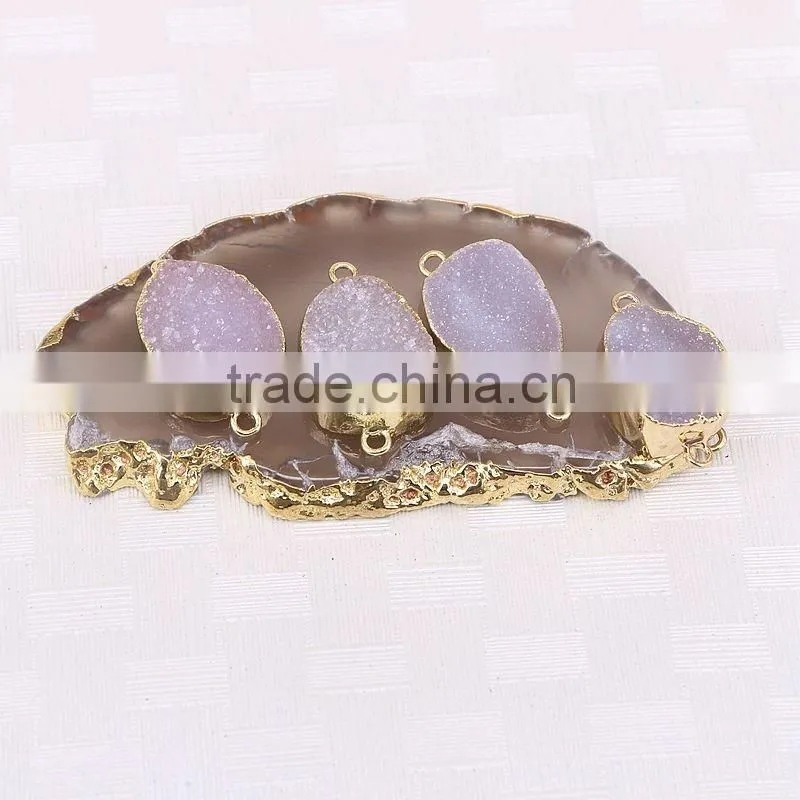 Druzy Agate Connector Beads Gold Plated Edged Natural Color Druzy Geode Agate Connector Gem stone Quartz Jewelry Charms