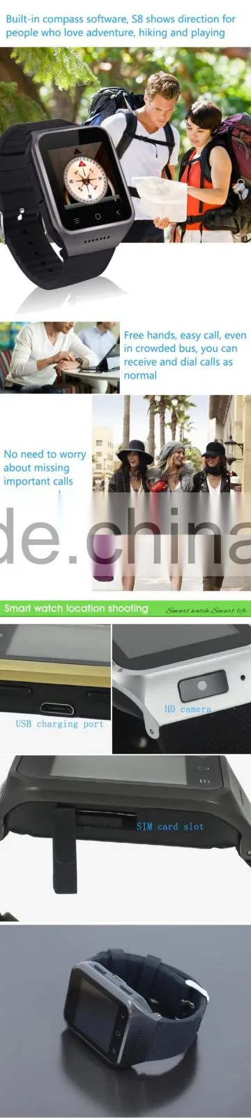 S8 3G Smart Watch 1.54"Android 4.4 MTK6572 Dual Core Smart Electronic watch WCDMA GSM With Email GPS WIFI