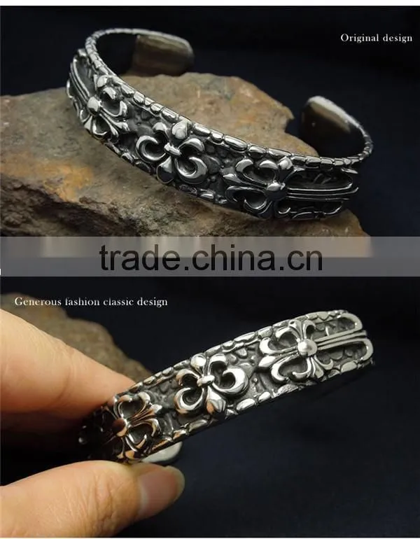 C shape antique silver vintage punk engraved stainless steel bangles