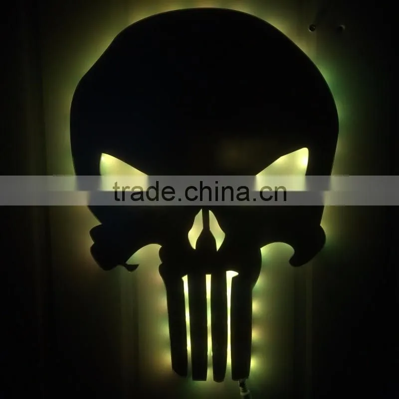 3D Punisher Mask Mirror Light, Halloween Decorative LED Colorful Remote Control Switch Lamp, Skull Decorative Wall Light Mirror