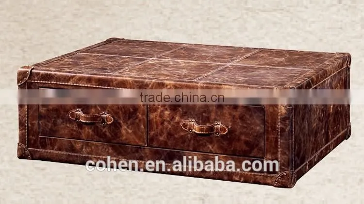 Jane European style cheap living room furniture design center table trunk with genuine leather covered